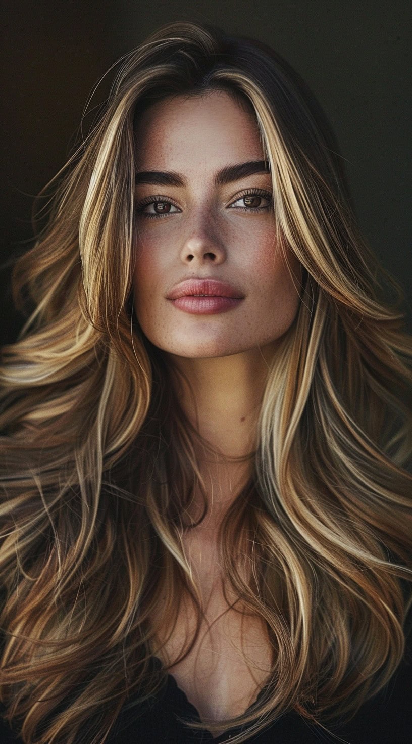 A woman with long, layered hair highlighted to add depth and dimension.