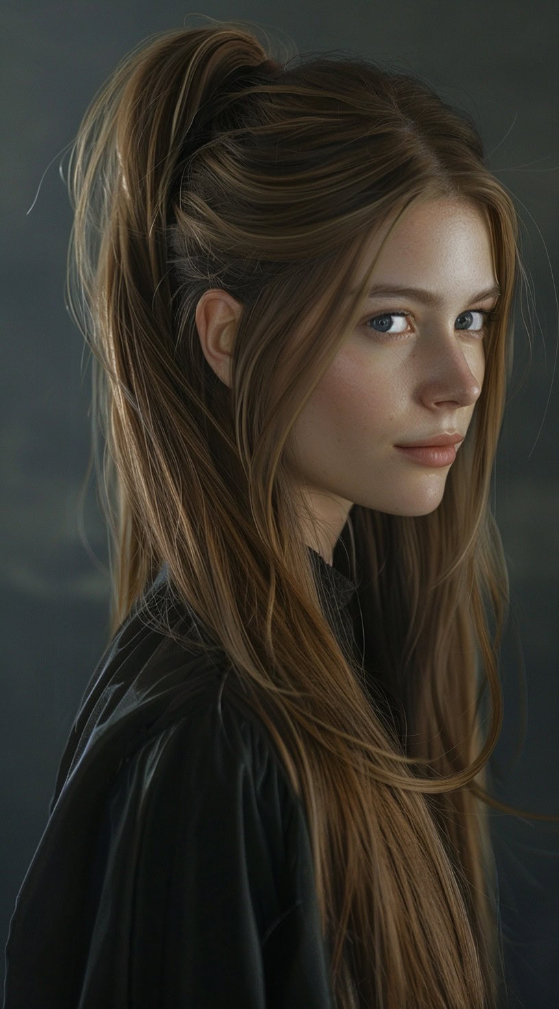 A woman with long, light brown hair styled in a half-up half-down ponytail with layers.