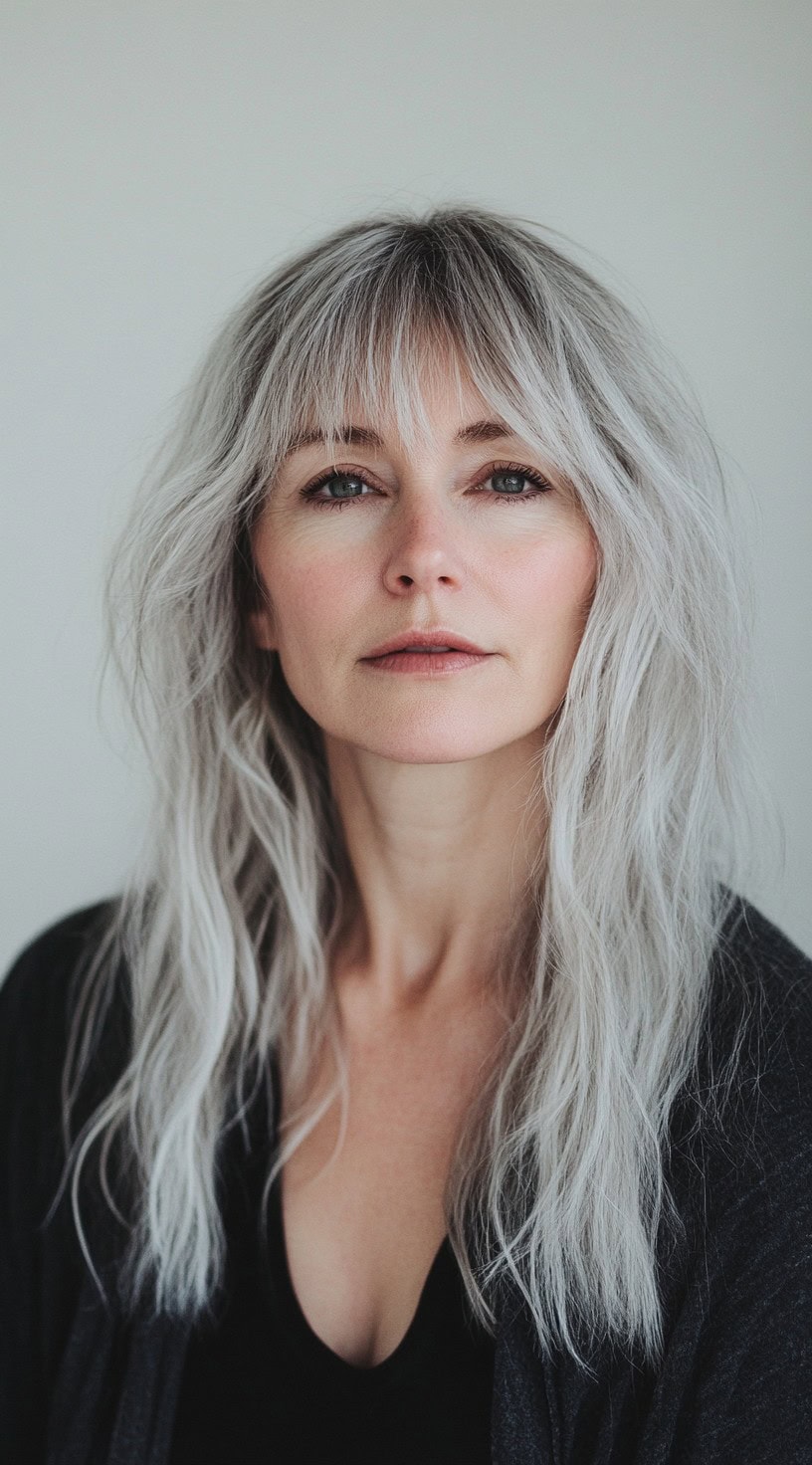 A woman with long silver hair styled in soft, textured layers, flowing naturally for a timeless look.