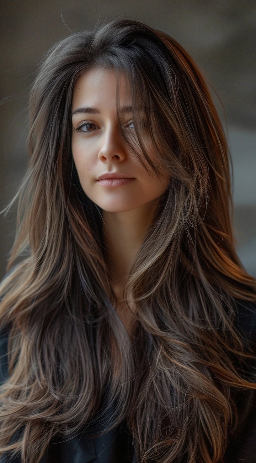 A woman with long, voluminous hair styled in soft waves with layers.