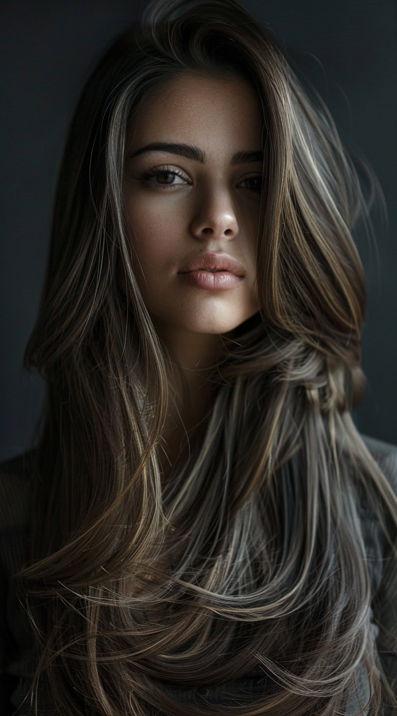 A woman with long, wavy hair styled in layers with a side part.