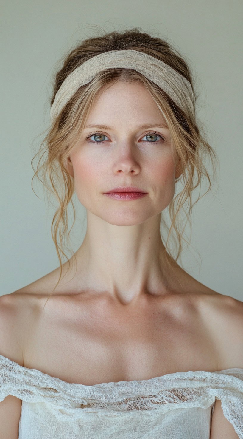 A woman with loose waves pulled back with a delicate headband, framing her face softly.