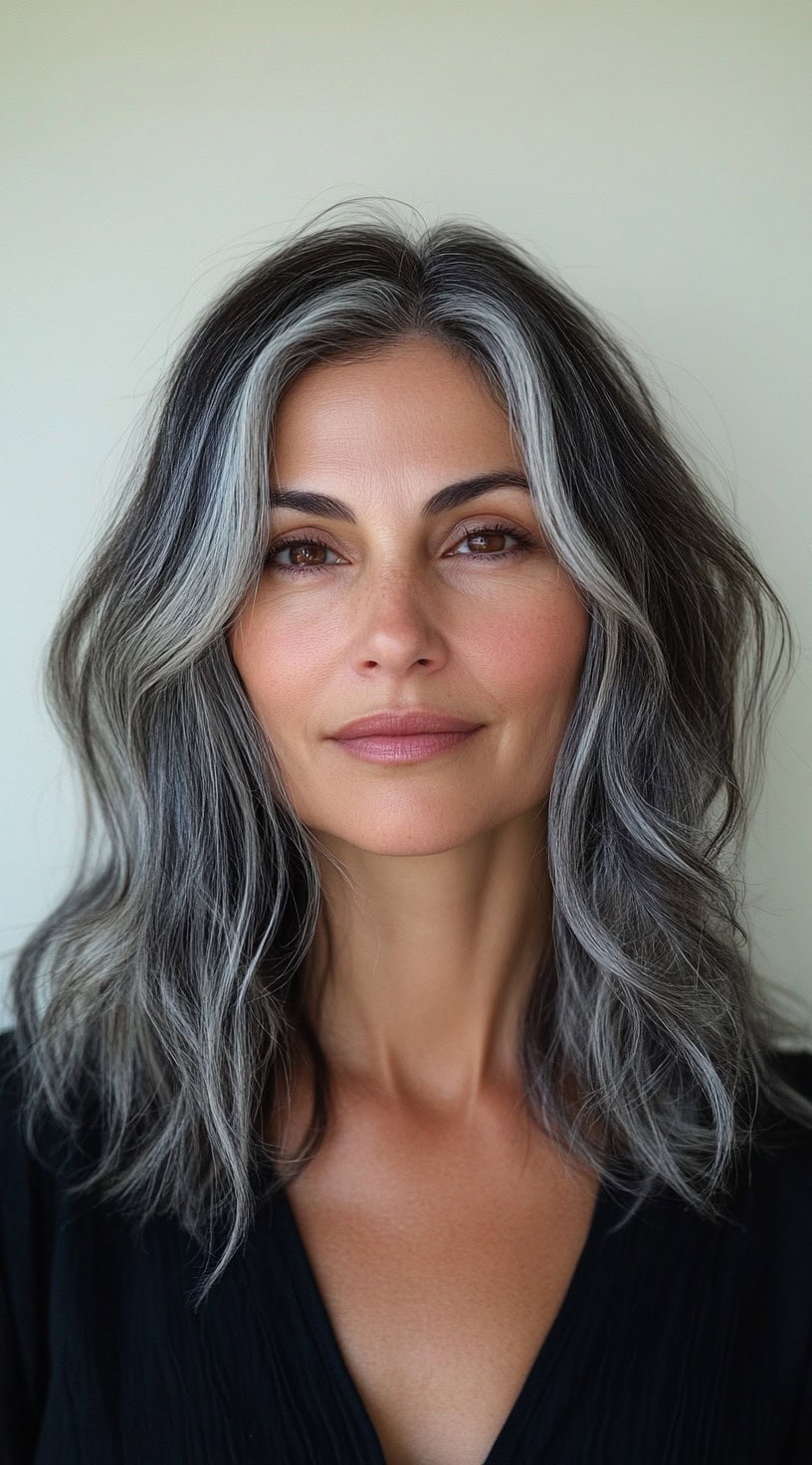 A woman with silver balayage hair styled in loose layers that softly cascade around her face.