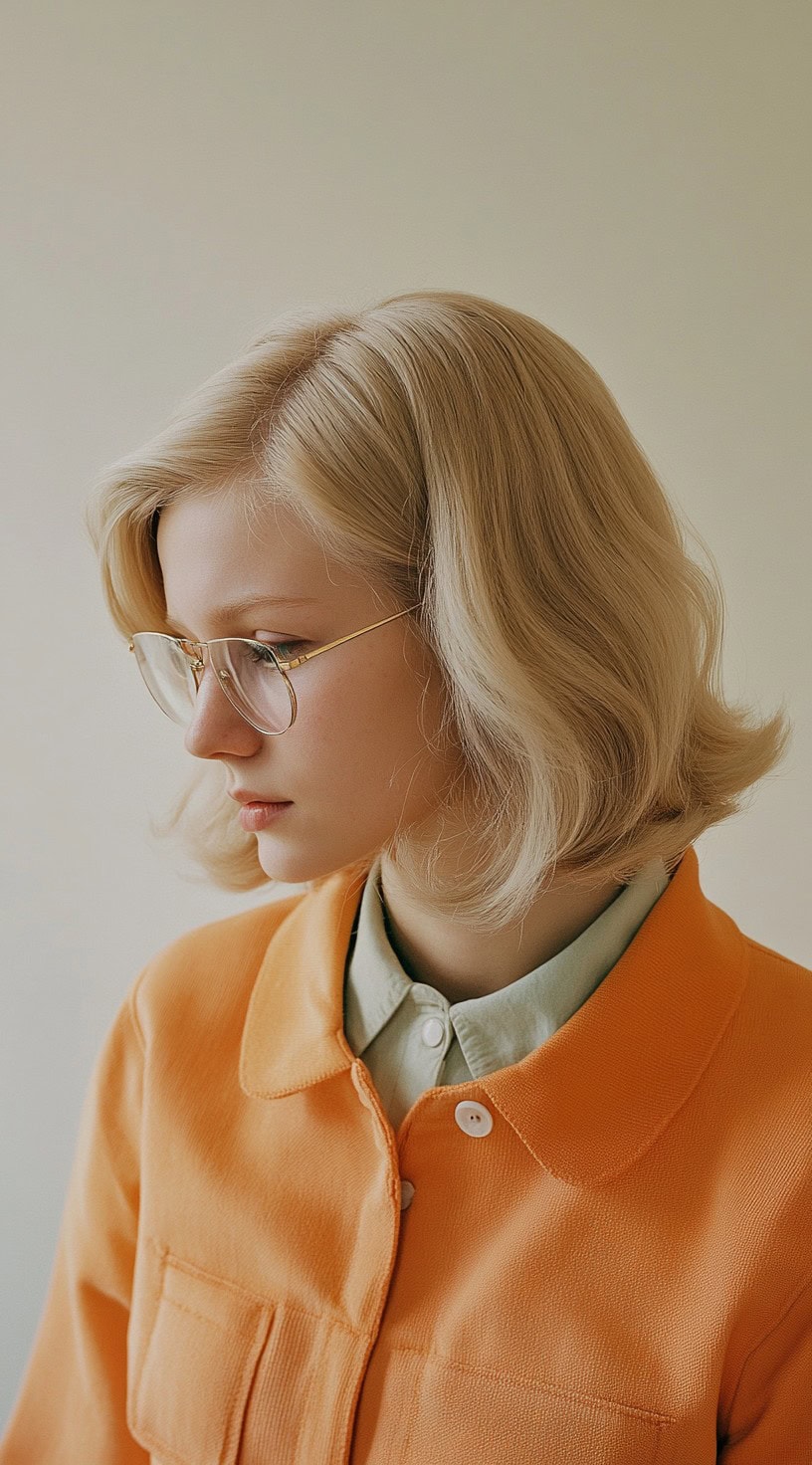 A woman with soft blonde curls in a vintage bob, styled with a gentle wave and retro flair.