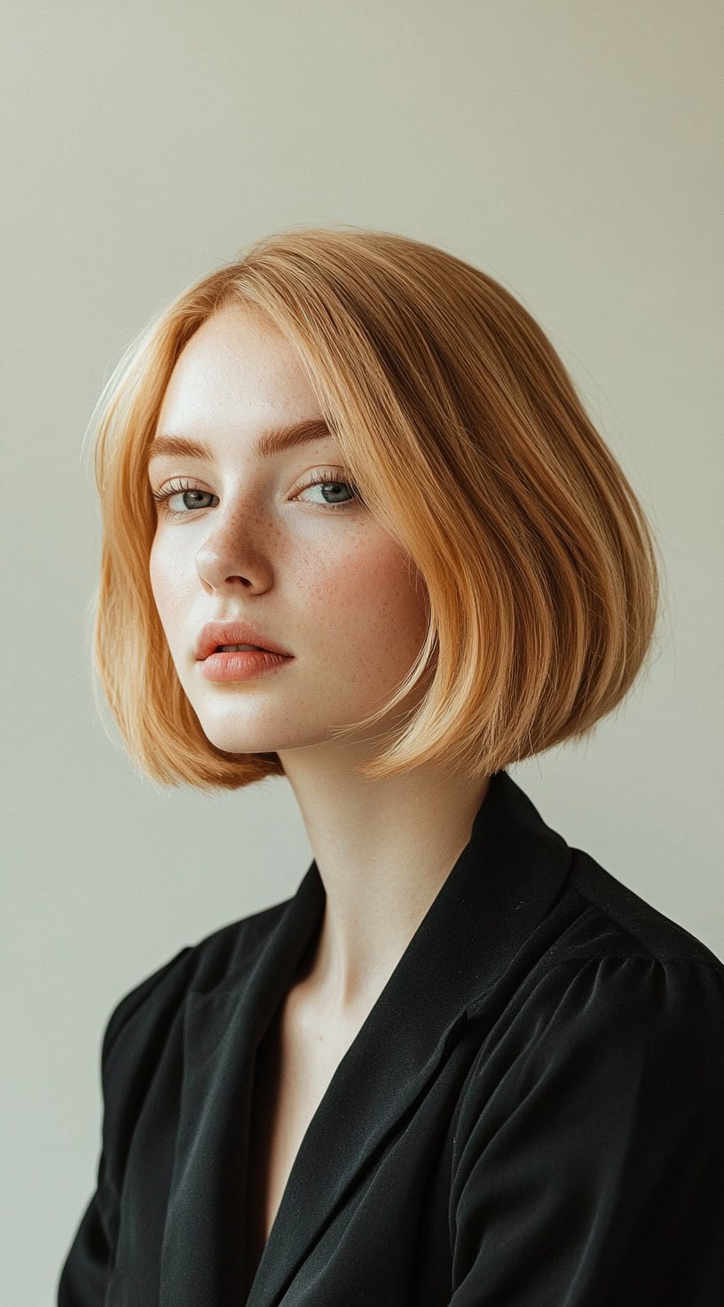 A woman with soft strawberry blonde hair styled in a classic bob is shown.