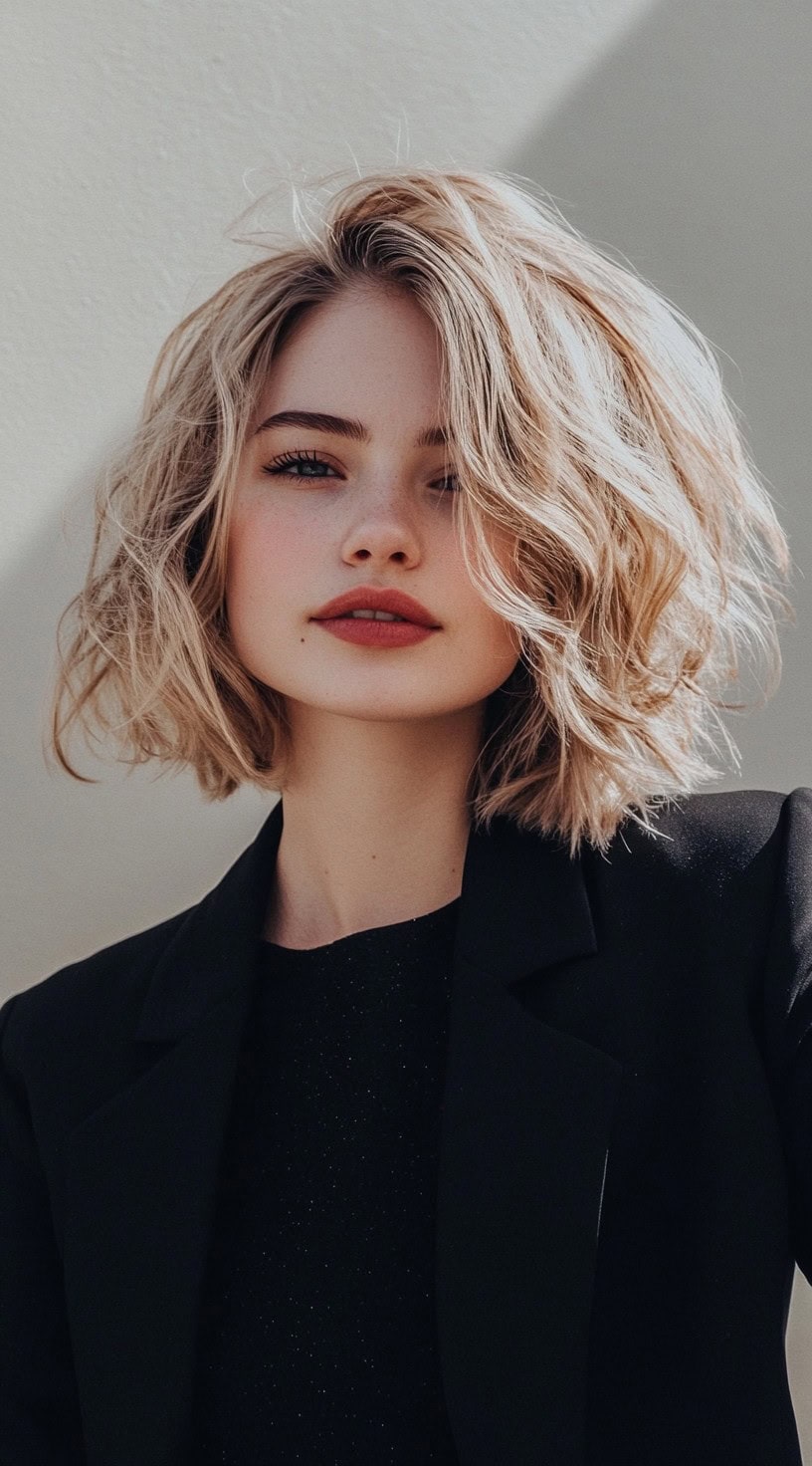 A woman with tousled blonde hair styled in a voluminous bob with soft waves.