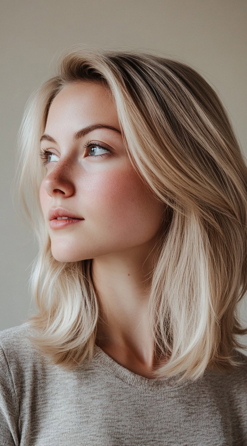 A woman with voluminous blonde hair styled in soft layers is shown.