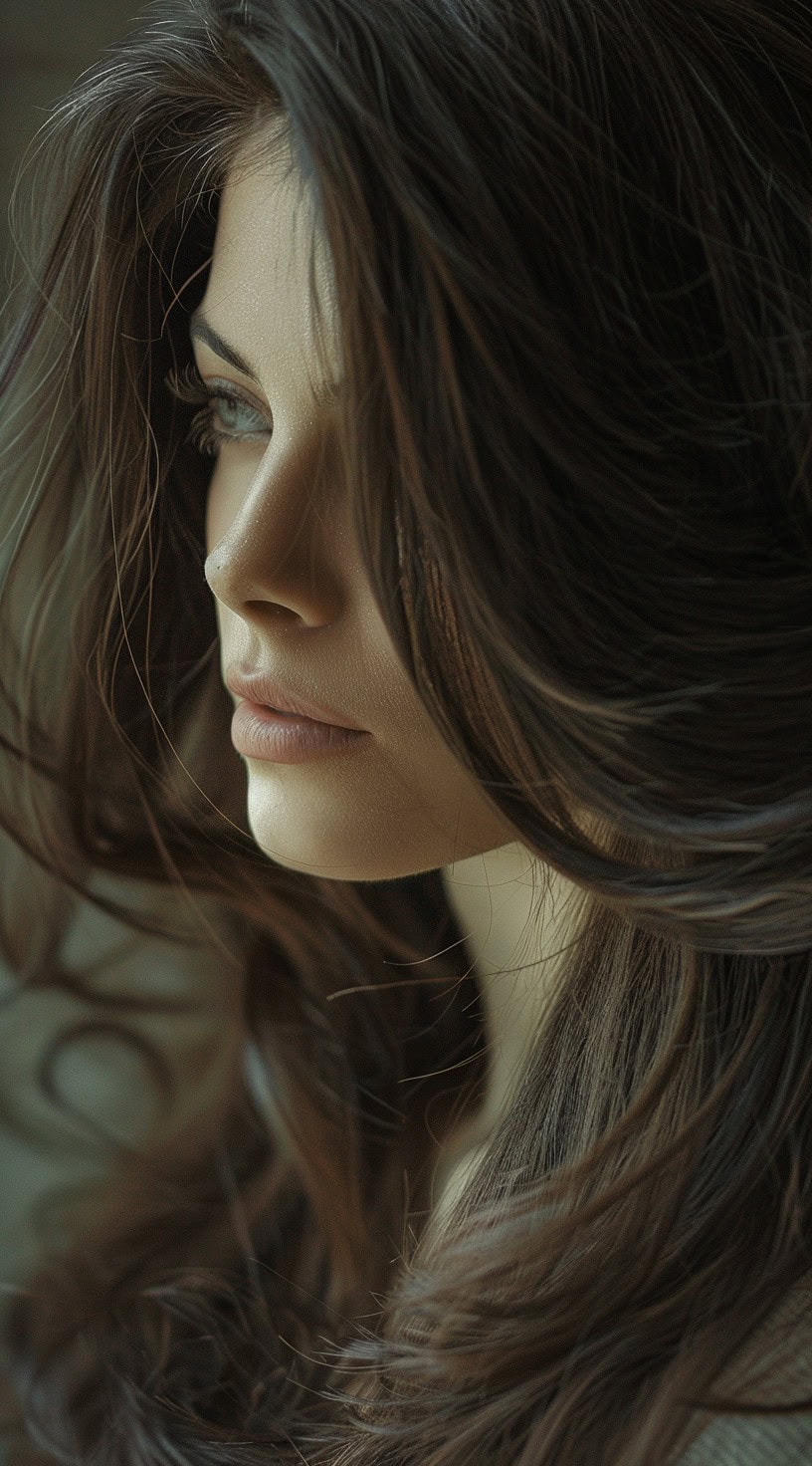 A woman with voluminous, dark hair parted on the side, showcasing soft, cascading layers.