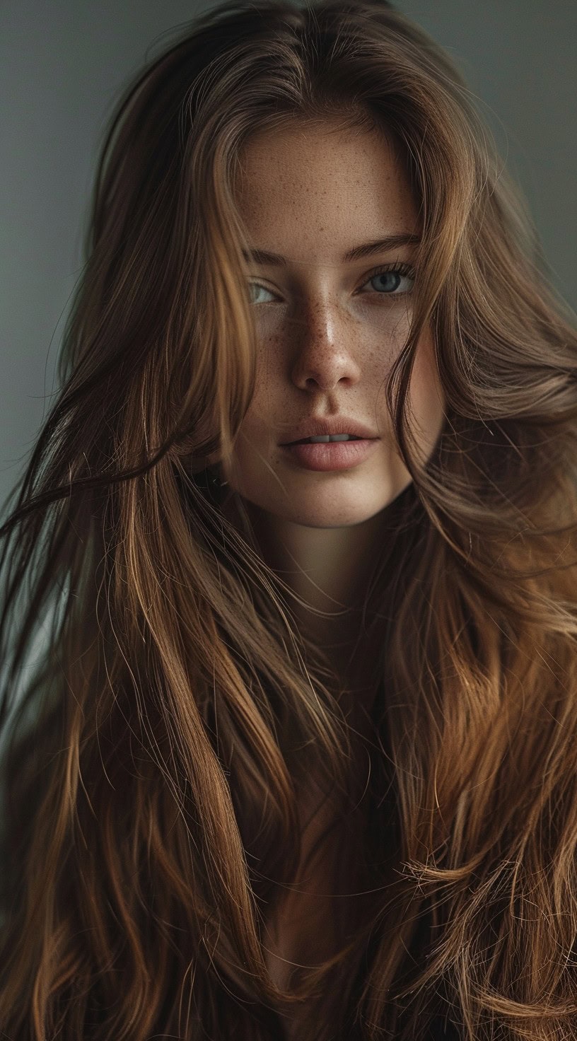 A woman with voluminous, long hair styled in windswept layers.