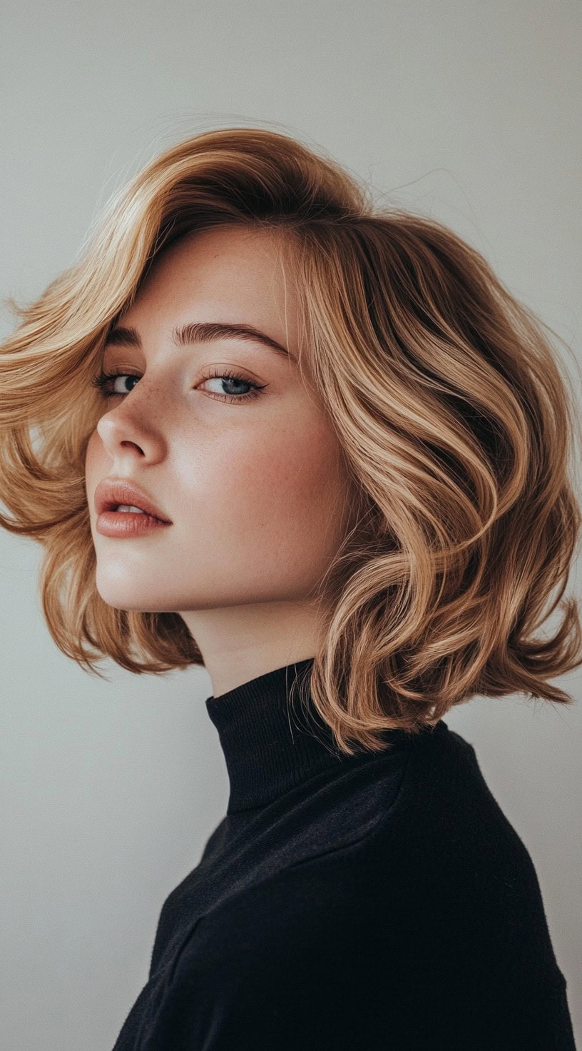 A woman with voluminous, wavy blonde hair styled in a bob cut, with soft waves cascading.