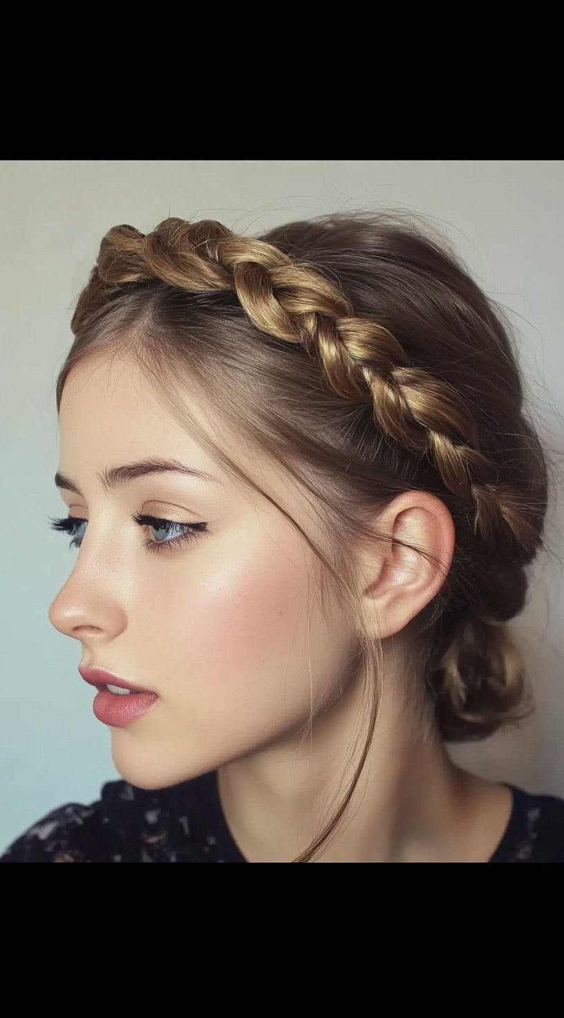 A young woman with a braided crown hairstyle and a low bun at the back, accentuating her elegant profile.