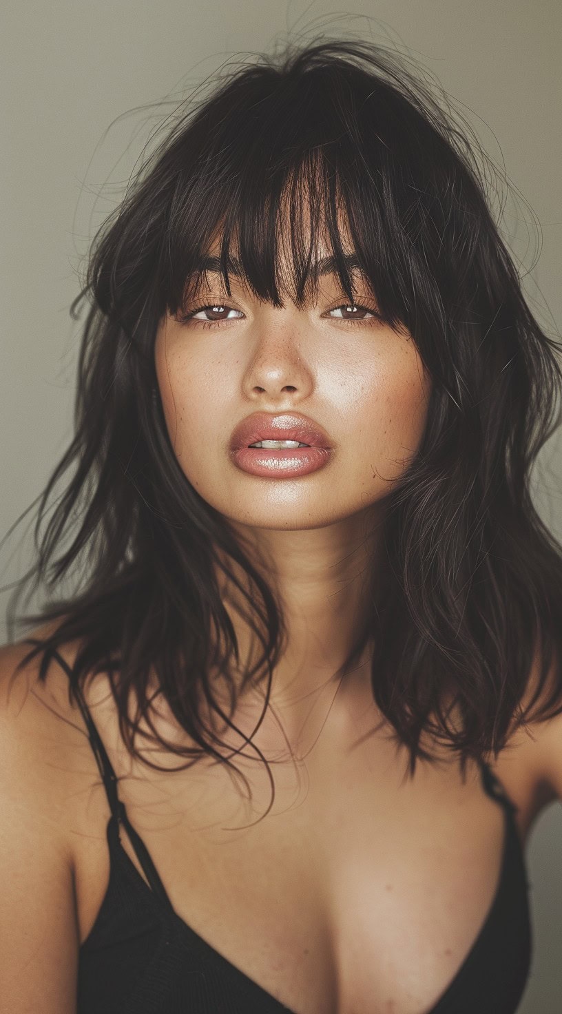 A young woman with a shoulder-length messy lob and curtain bangs gazes into the distance.