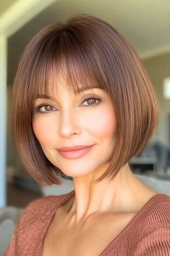 Angled Bob With Wispy Bangs Haircut on a softly smiling woman with short brown hair.