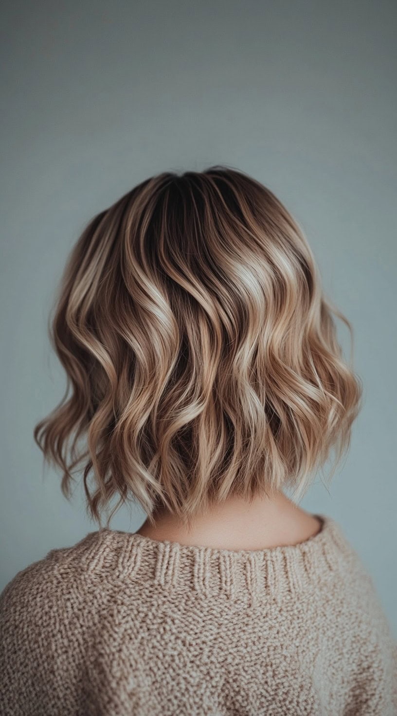 Back view of a short, wavy bob with caramel blonde highlights blended into dark brown roots.