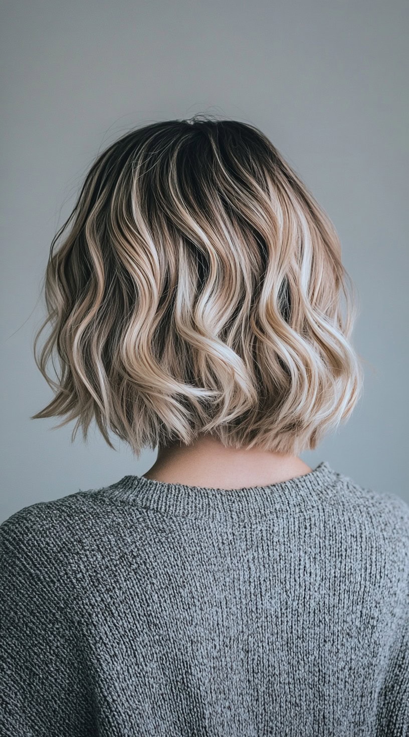 Back view of a short wavy bob with icy blonde highlights contrasted by dark ash brown roots.