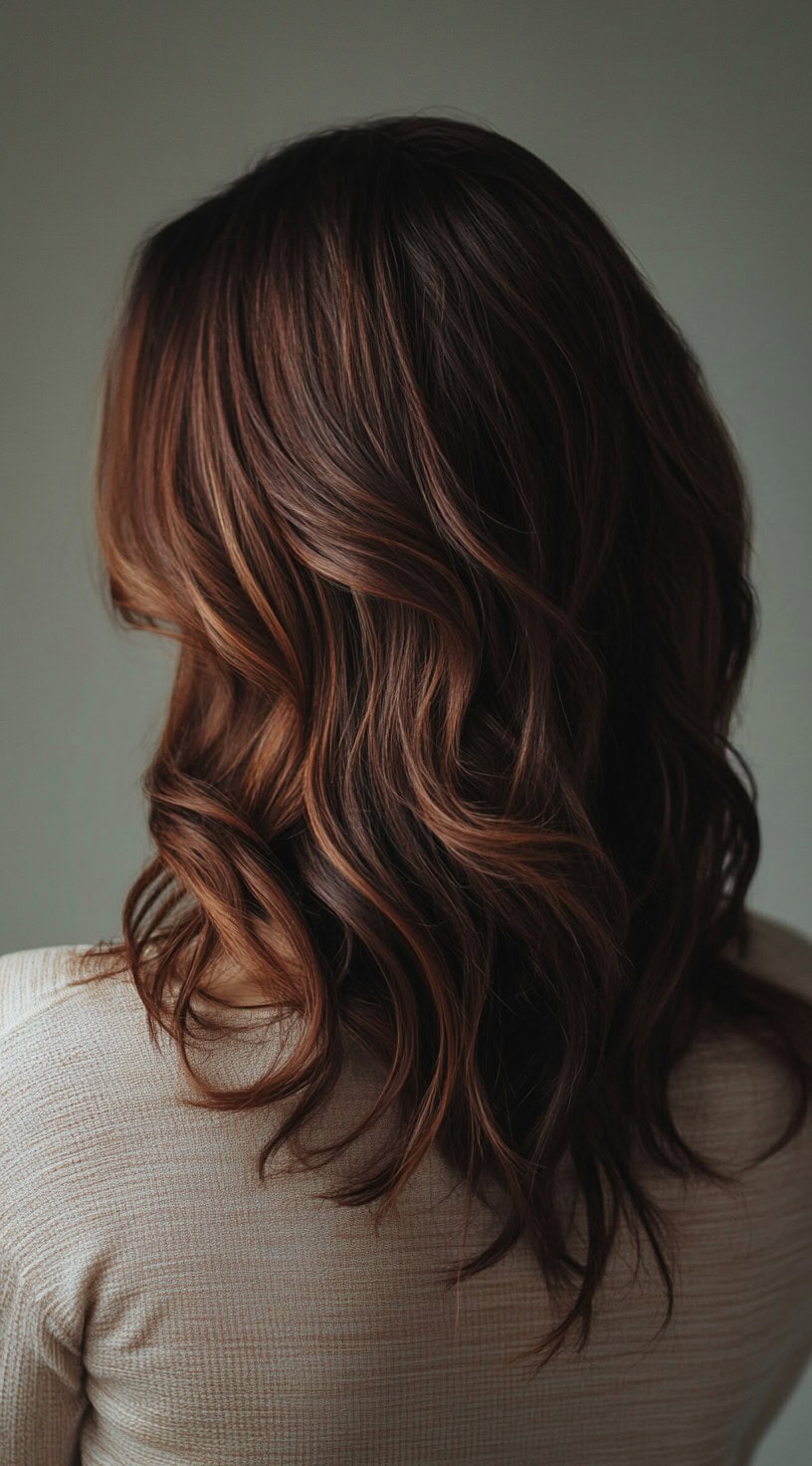 Back view of chocolate brown hair with subtle auburn highlights blended into soft curls.