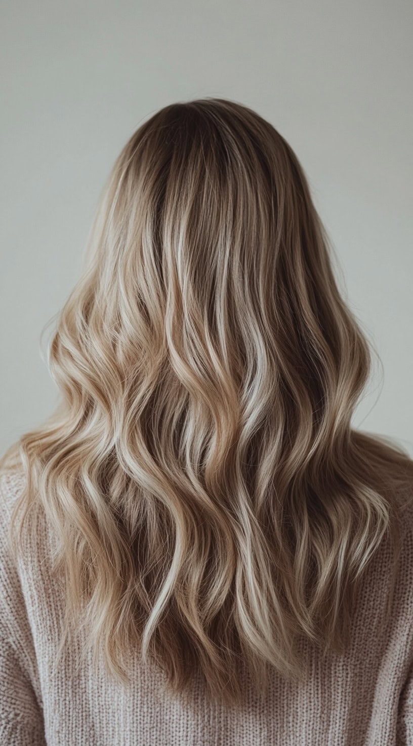 Back view of creamy blonde waves with a subtle transition from darker roots.