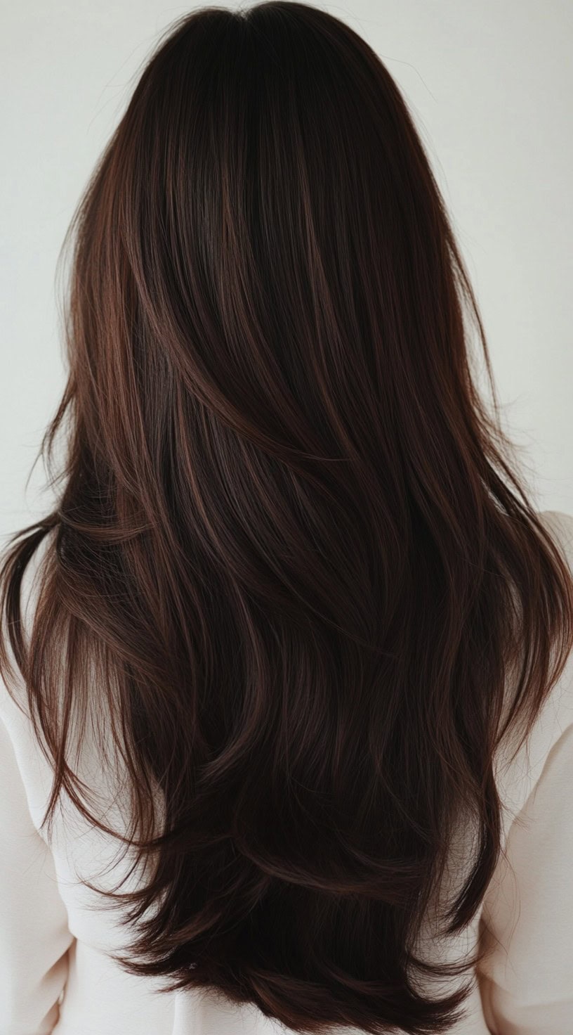 Back view of dark chocolate brown hair with soft, subtle highlights adding dimension.