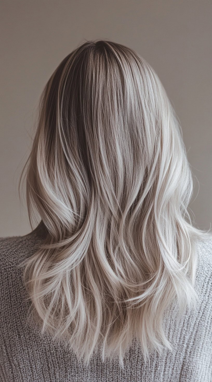 Back view of frosty blonde hair with subtle cool-toned highlights starting near the roots.