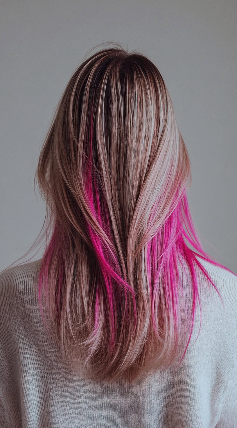 Back view of hair with ashy blonde highlights and peekaboo pink streaks on dirty blonde hair.