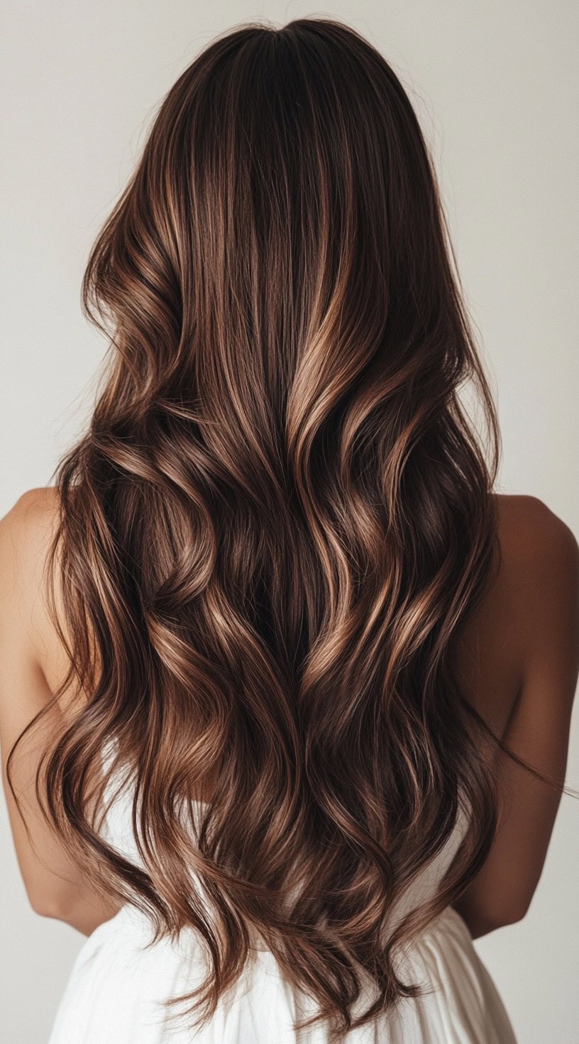 Back view of long chestnut brown hair with caramel highlights blended into soft waves.