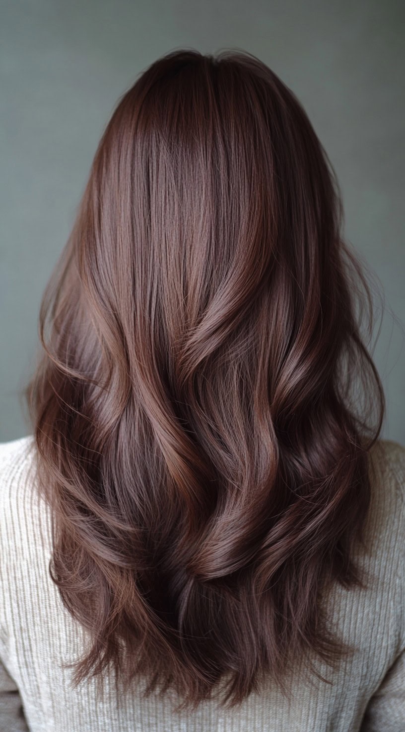 Back view of long chestnut brown hair with soft reddish undertones in wavy layers.