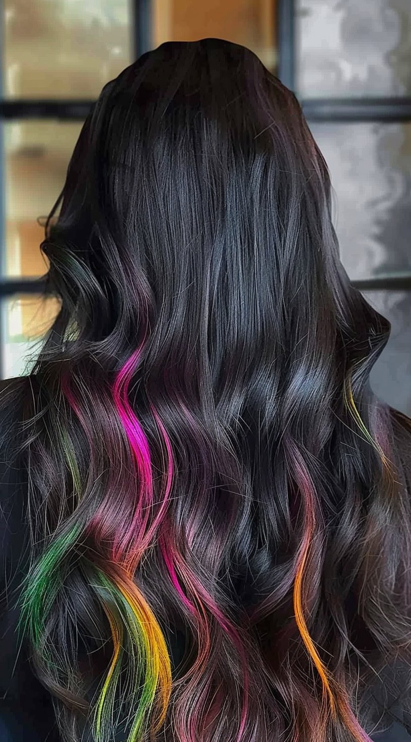 Back view of long, dark hair with hidden rainbow highlights that include shades of pink, green, and yellow.