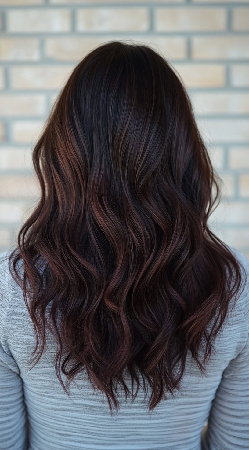 Back view of long deep auburn brown hair with soft waves.