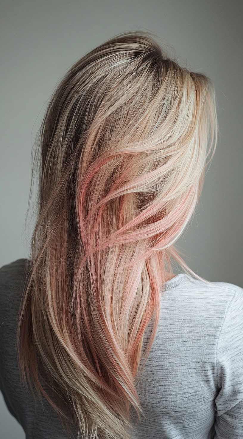 Back view of long hair with pink pastel highlights over a dirty blonde base.