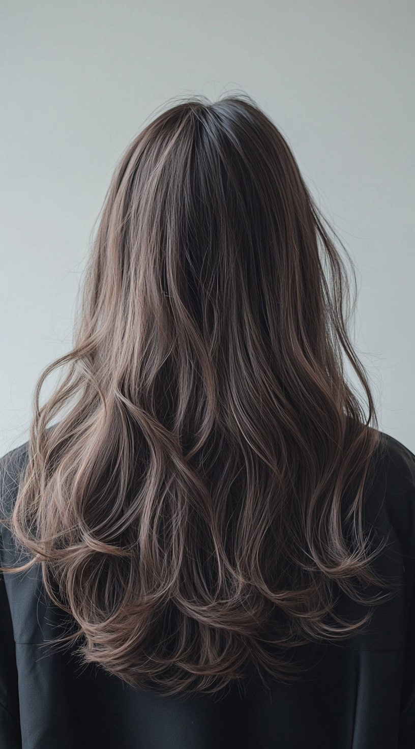 Back view of long, smoky ash brown hair with cool undertones and soft waves.