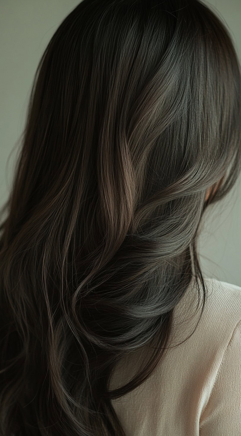 Back view of long, soft waves in an ash brown hair shade.