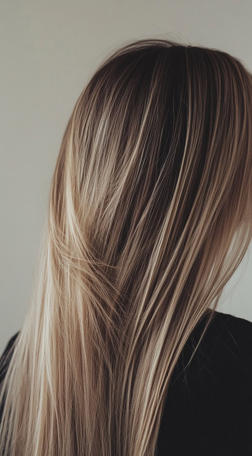 Back view of long, straight hair with ash brown highlights blending into dirty blonde hair.