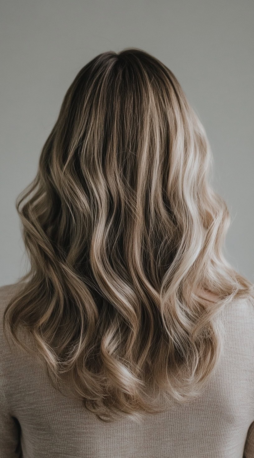 Back view of long, wavy hair with ashy blonde highlights and subtle lowlights starting from dark blonde roots.