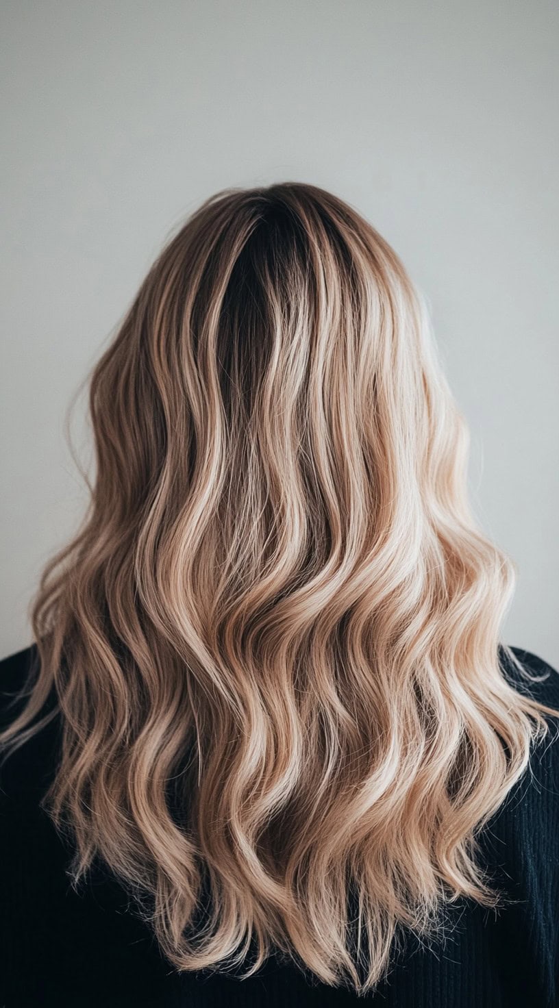 Back view of long, wavy hair with beige blonde highlights blending into ash lowlights.