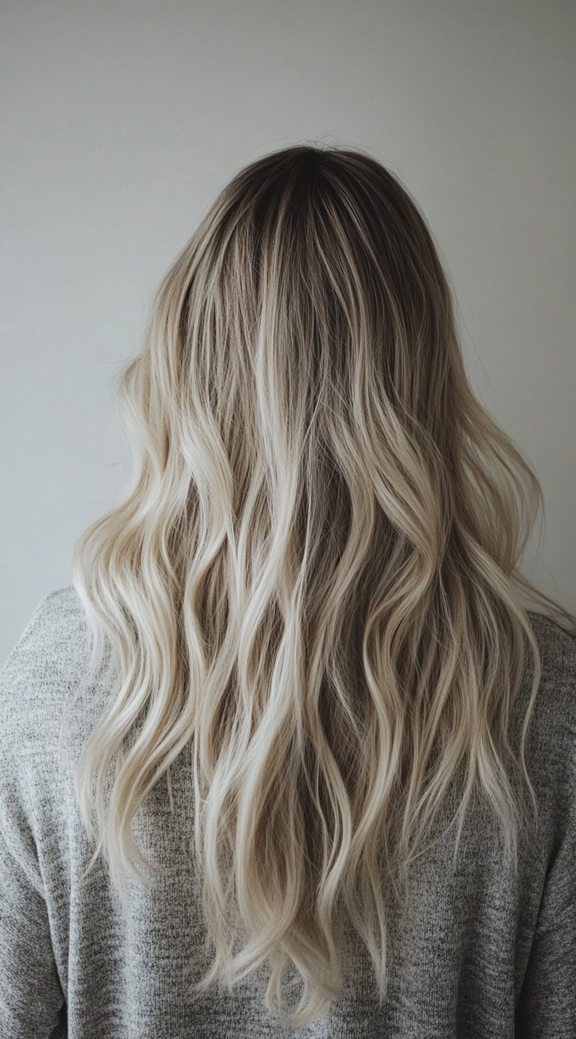 Back view of long, wavy hair with icy platinum blonde highlights on dirty blonde hair.