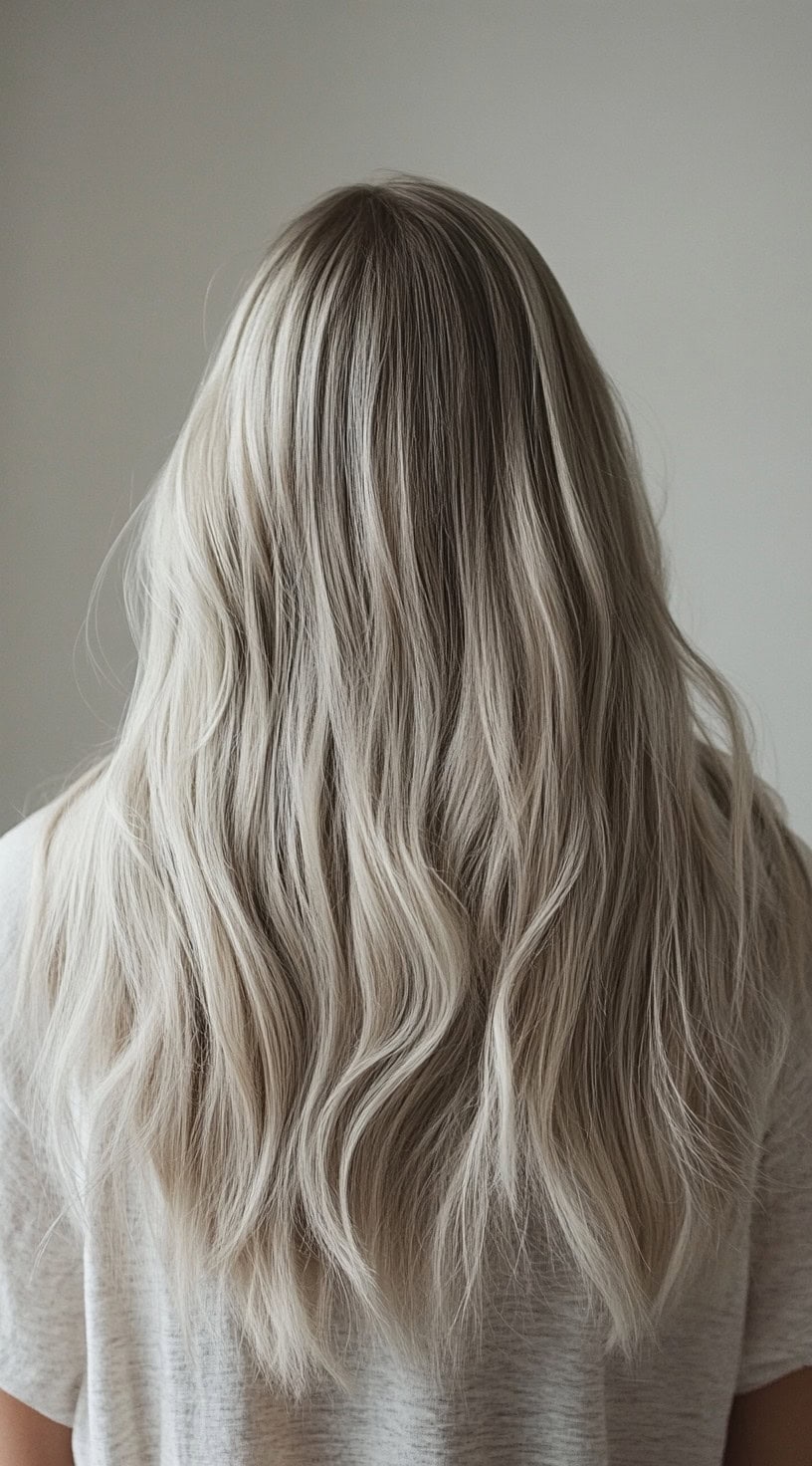 Back view of long, wavy hair with soft, cool-toned silver highlights blended into darker roots.