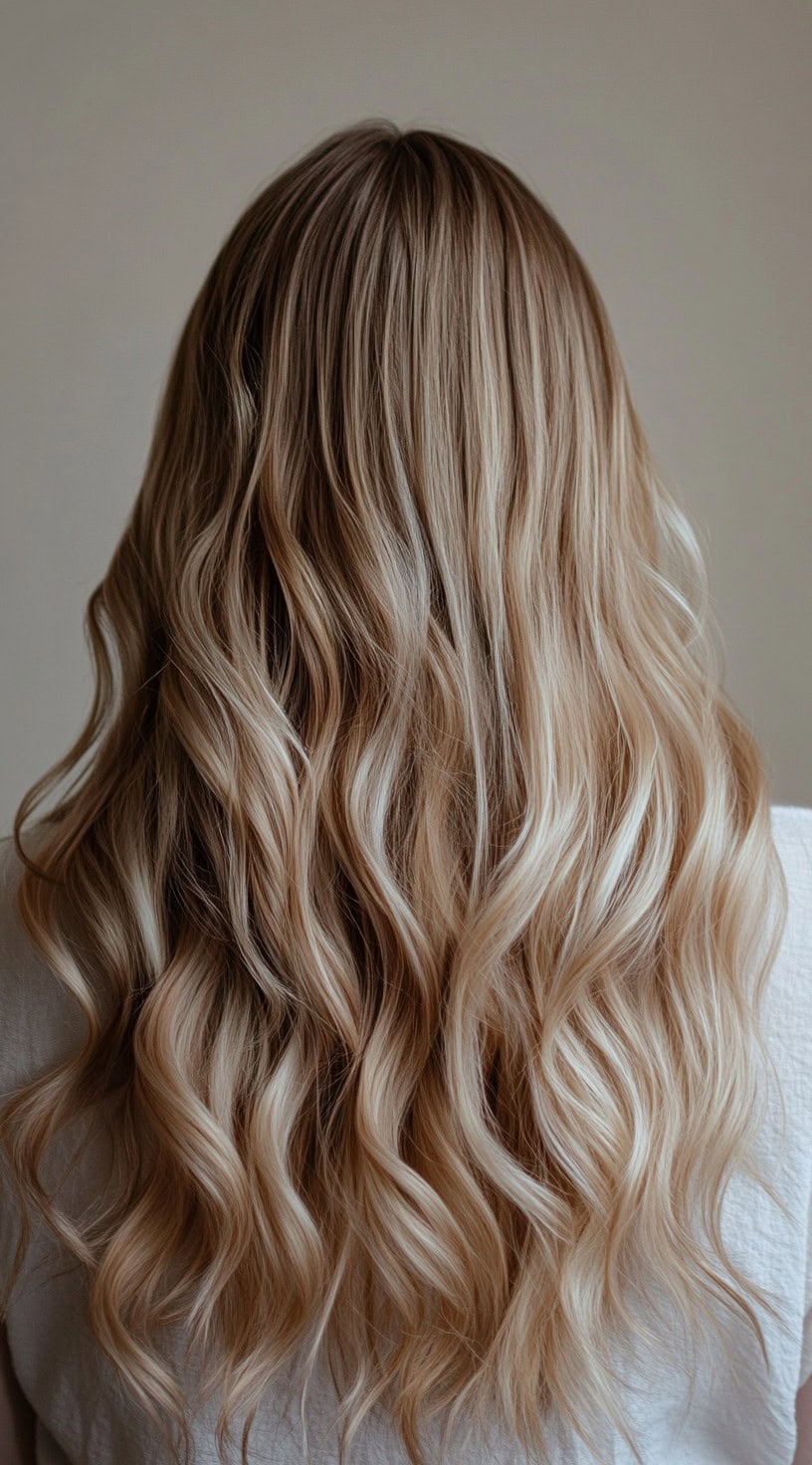 Back view of long, wavy hair with soft honey blonde balayage highlights on dirty blonde hair.