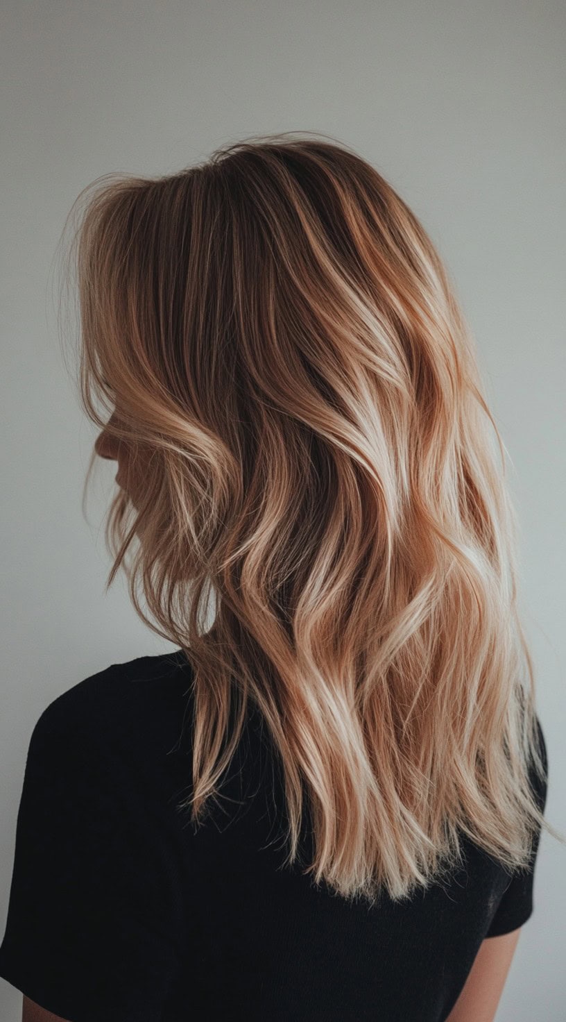 Back view of medium-length hair with rose gold highlights over a dirty blonde base.