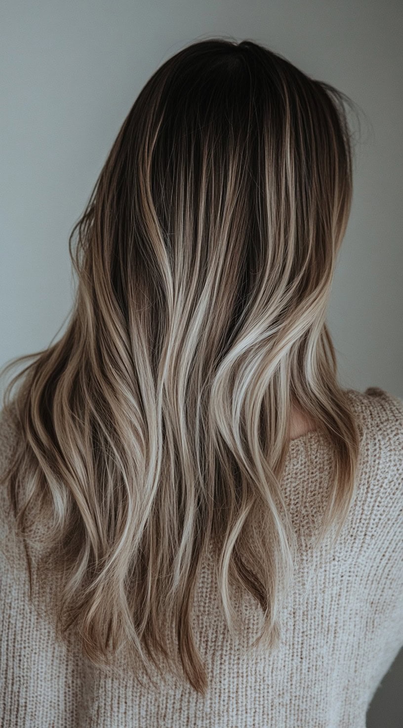 Back view of medium-length hair with soft waves and platinum blonde highlights on dirty blonde hair.