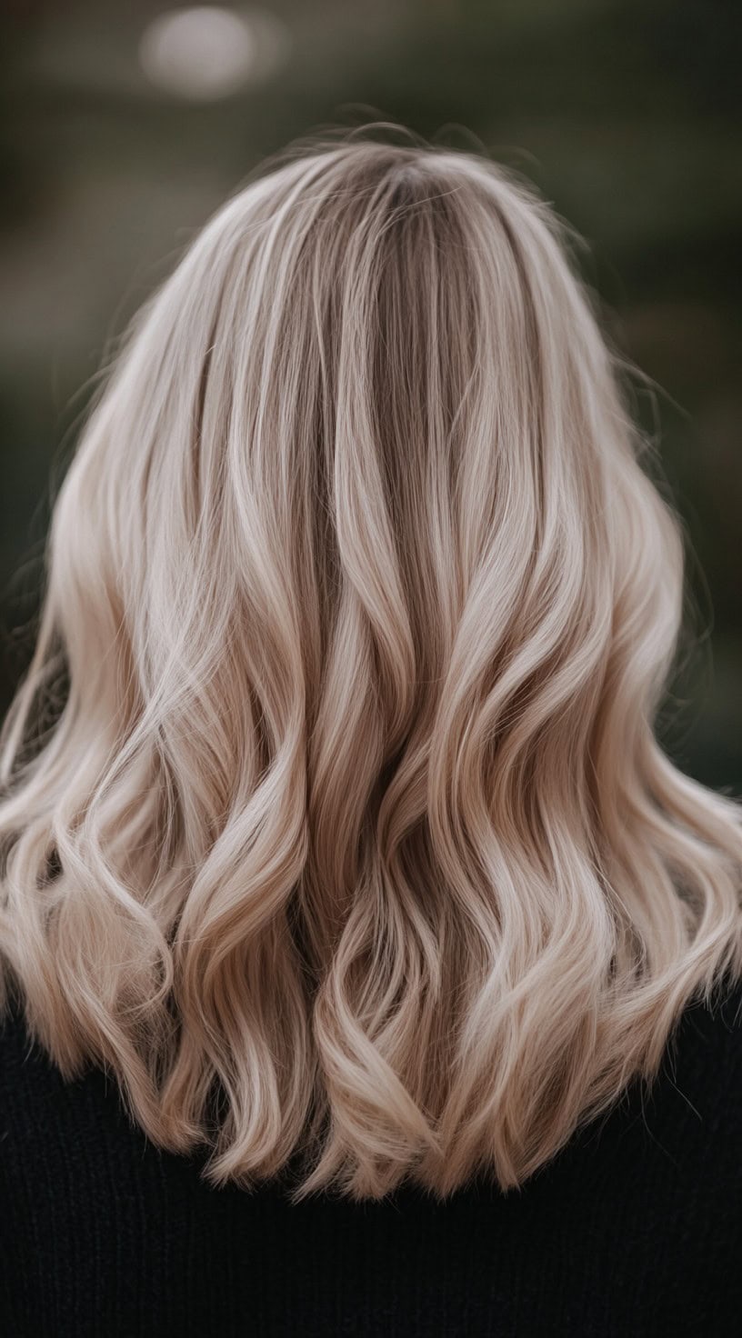 Back view of medium-length wavy hair with icy blonde highlights starting from ash blonde roots.