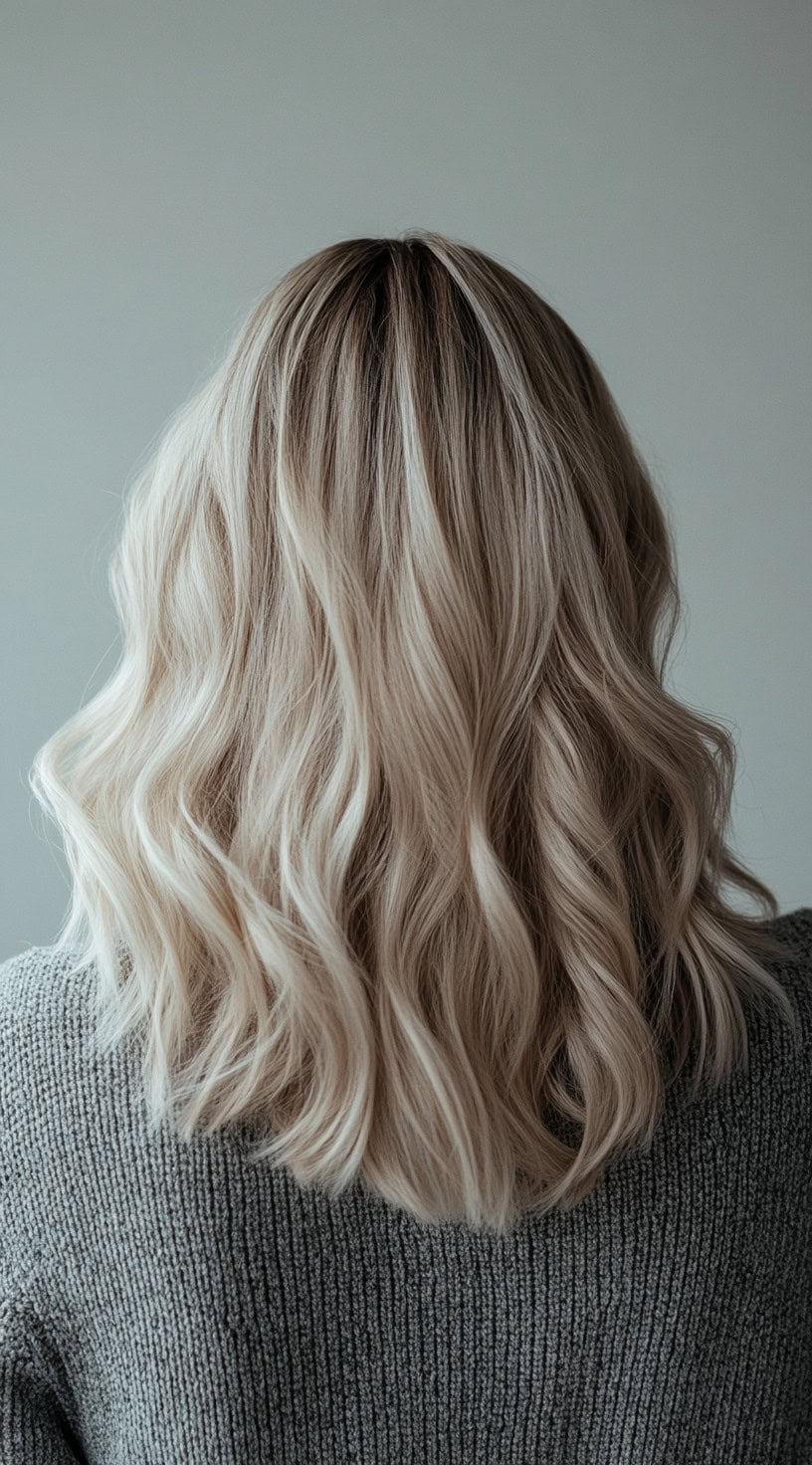 Back view of medium-length wavy hair with light platinum blonde highlights that fade from dark ash blonde roots.