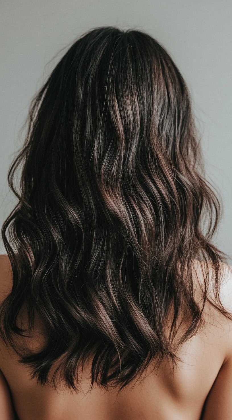 Back view of mid-length dark chocolate brown hair with loose waves.