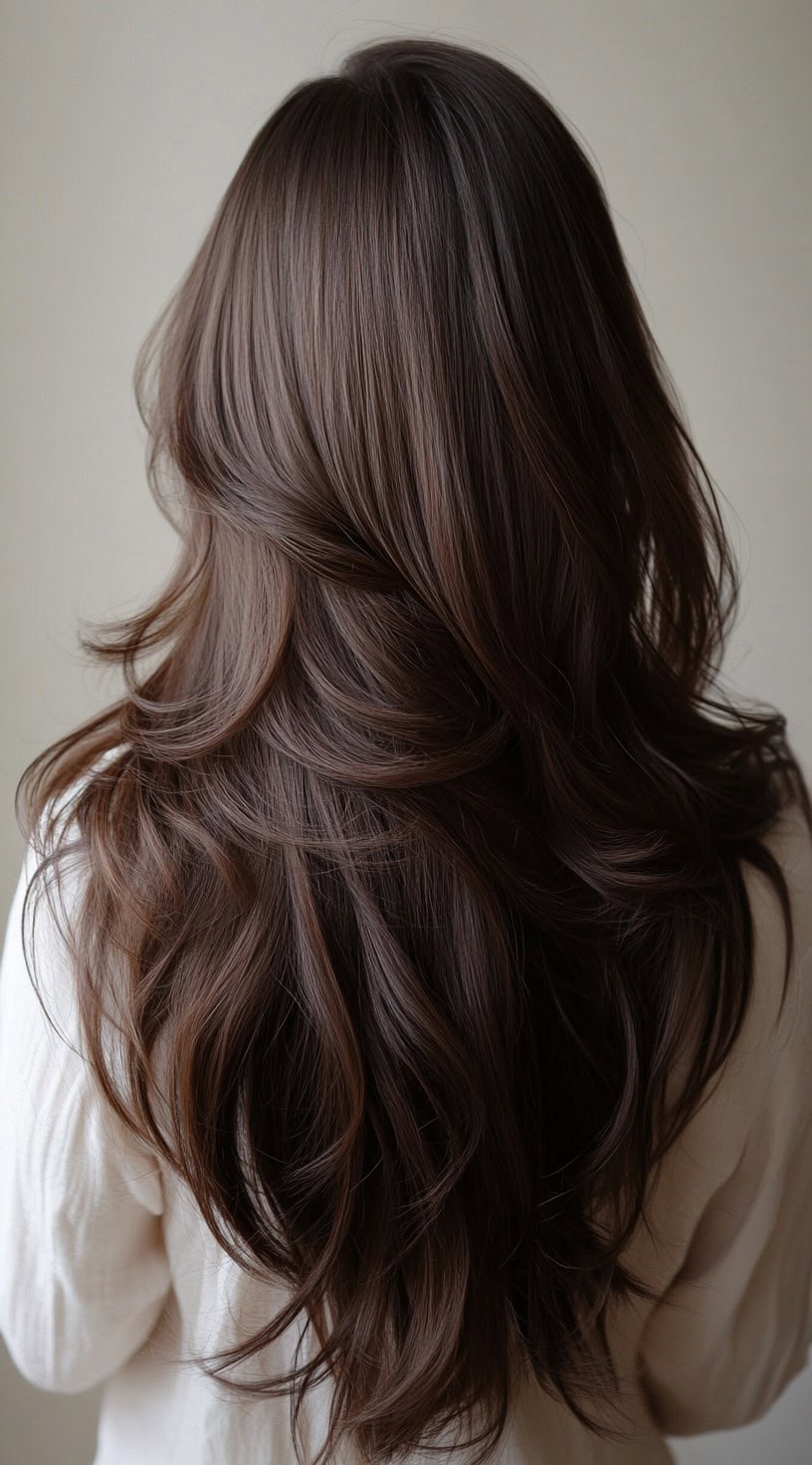 Back view of rich chocolate brown hair with deep, natural tones.