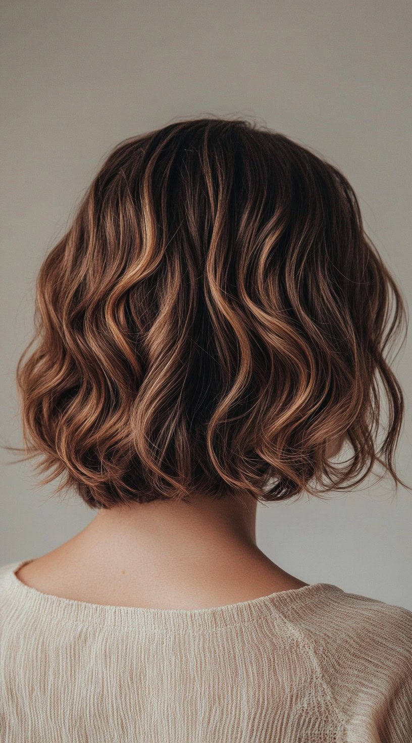 Back view of short, honey brown hair with soft, wavy texture.