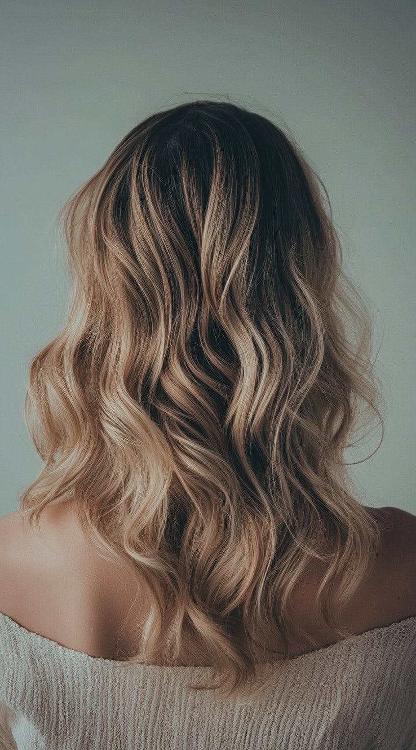 Back view of shoulder-length hair with loose waves and sun-kissed blonde highlights.