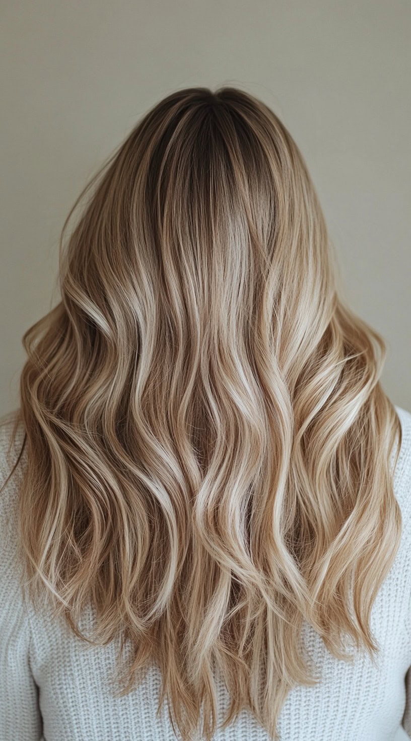 Back view of warm, golden blonde hair with a natural sun-kissed effect.