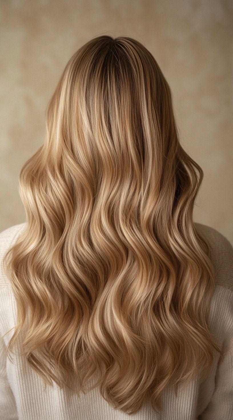 Back view of wavy hair with golden blonde balayage highlights blended into a darker base.