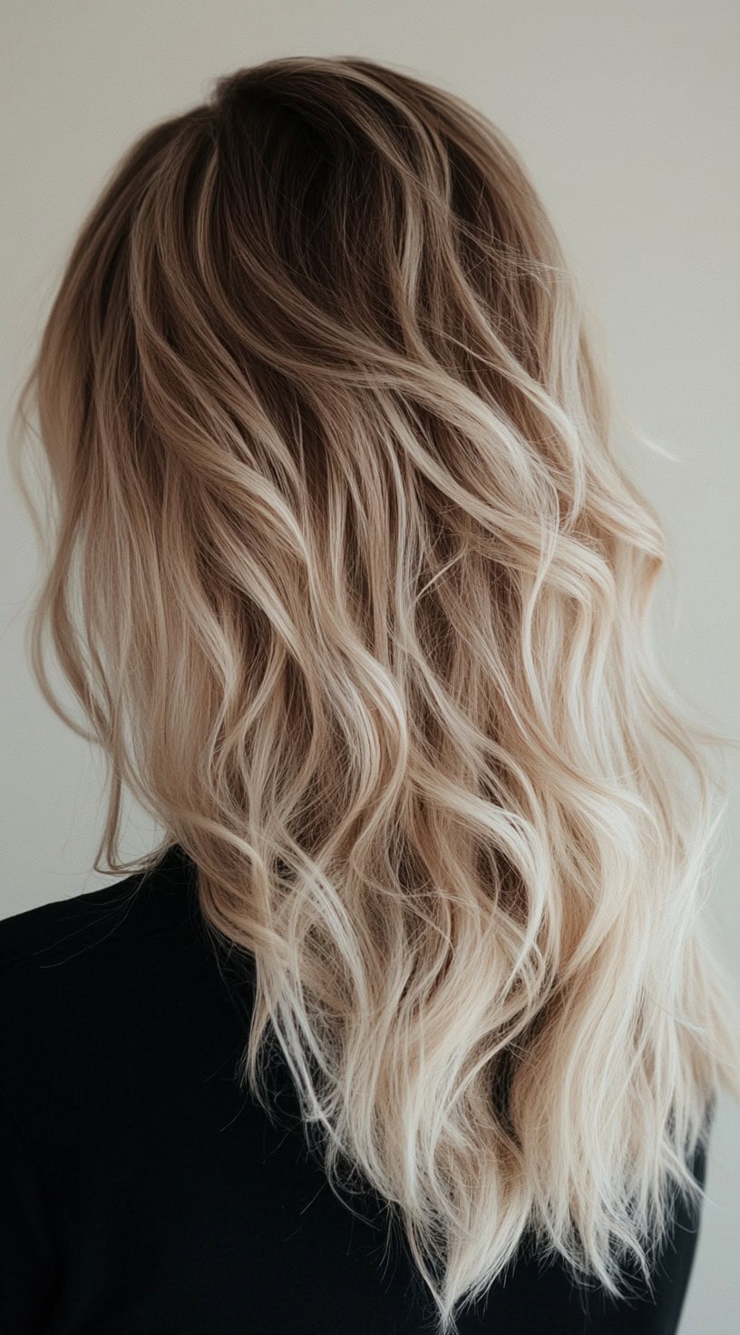 Back view of wavy hair with icy blonde ombre highlights fading into a dirty blonde base.