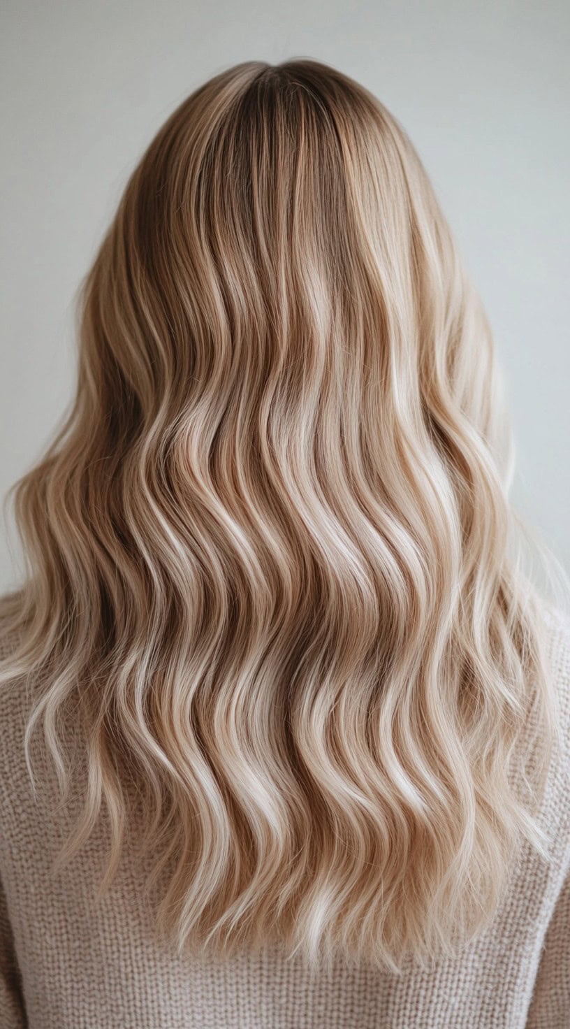 Back view of wavy hair with sandy blonde highlights gradually blending from light brown roots.