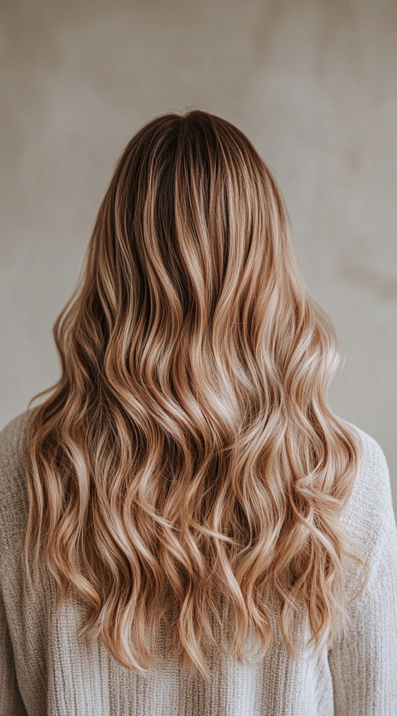 Back view of wavy hair with soft golden blonde highlights fading from light brown roots.